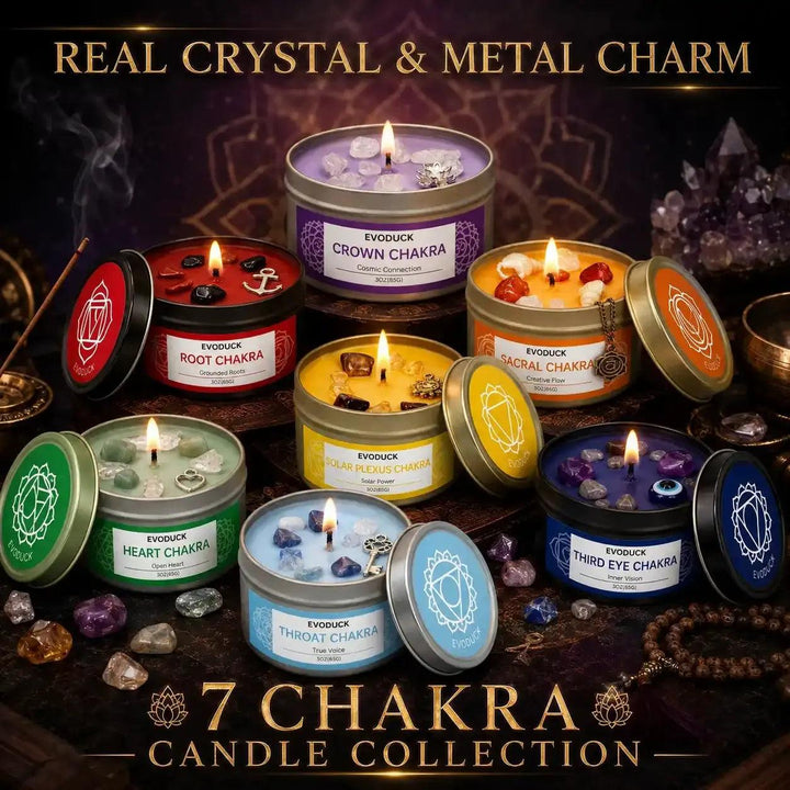 Seven Chakra Crystal Soy Candles in colorful tins with healing stones, metal charms, and symbolic lids for intention.