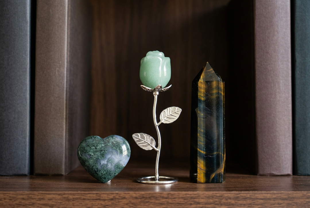 Abundance & Prosperity crystal set: Moss Agate, Green Aventurine and Tiger's Eye on a bookshelf