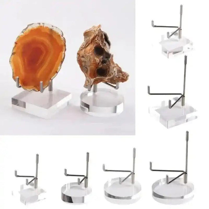 Clear acrylic display stands elegantly showcase a polished orange agate slice and a natural brown mineral specimen.