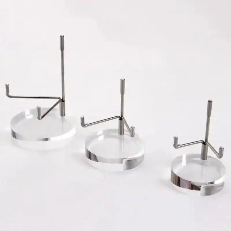 Clear Acrylic Mineral & Gemstone Display Stands with silver metal arms, perfect for showcasing crystals.