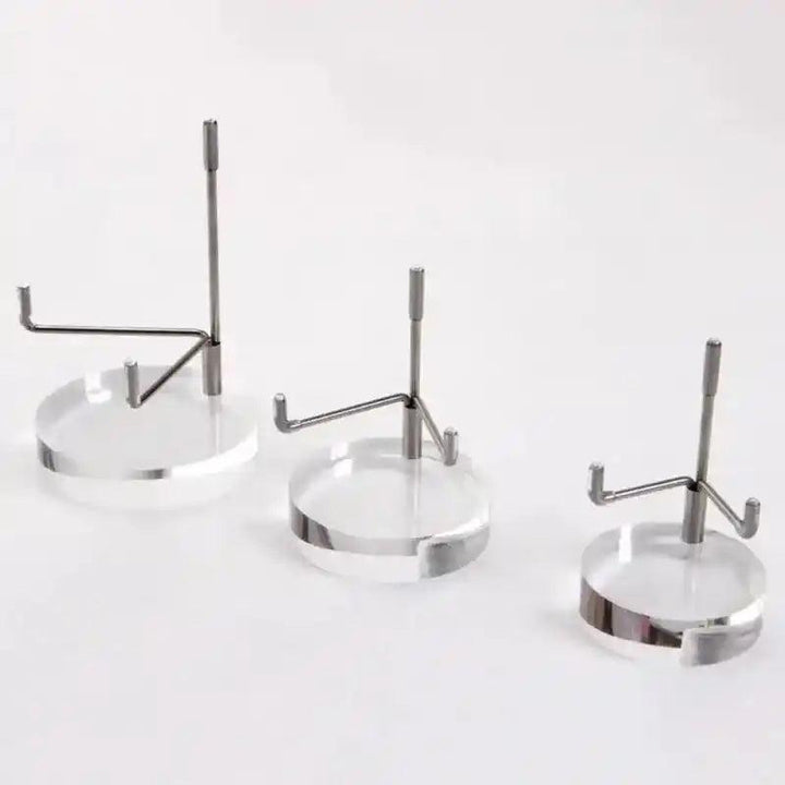 Clear Acrylic Mineral & Gemstone Display Stands with silver metal arms, perfect for showcasing crystals.