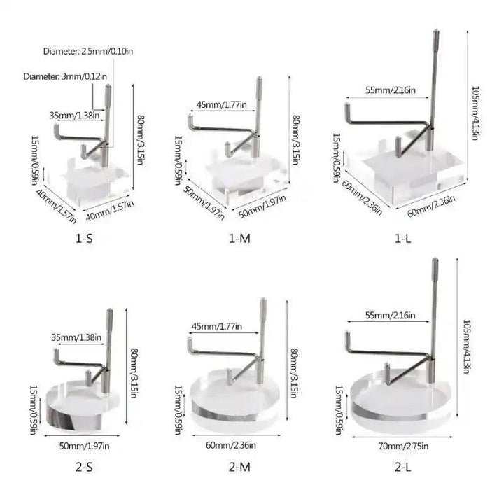 Clear acrylic mineral & gemstone display stands in various round and square sizes, showcasing elegant, durable design.