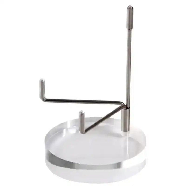 Clear acrylic mineral & gemstone display stand with a sleek silver metal arm, perfect for showcasing collectibles.