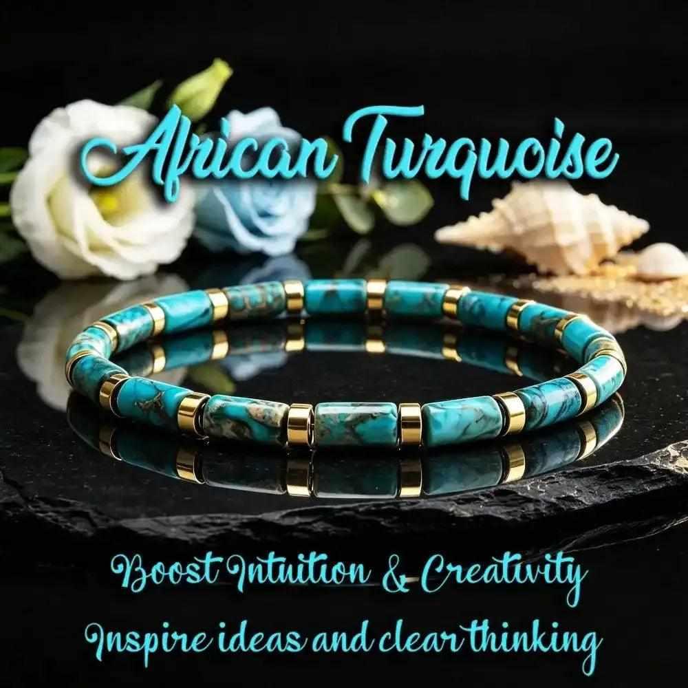 African Turquoise barrel bead bracelet with gold-tone spacers, featuring blue-green stones to inspire creativity.