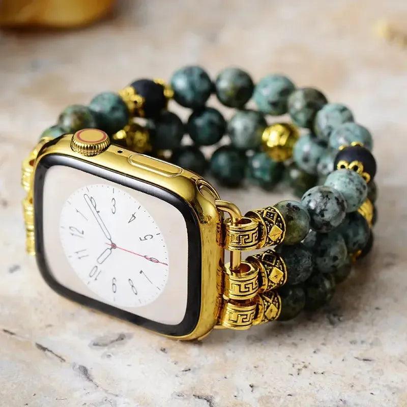 African Turquoise Apple iWatch Band: Gold watch with teal and green beaded band for transformation and new beginnings.