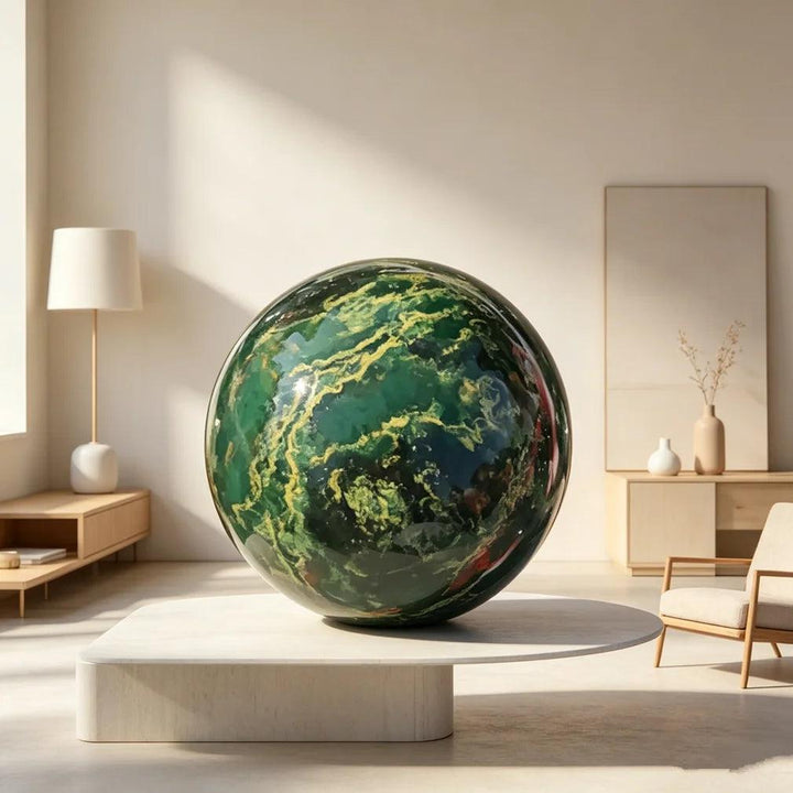 Polished 50-60mm African Verdite sphere in deep green, a grounding crystal for heart chakra healing and home decor.