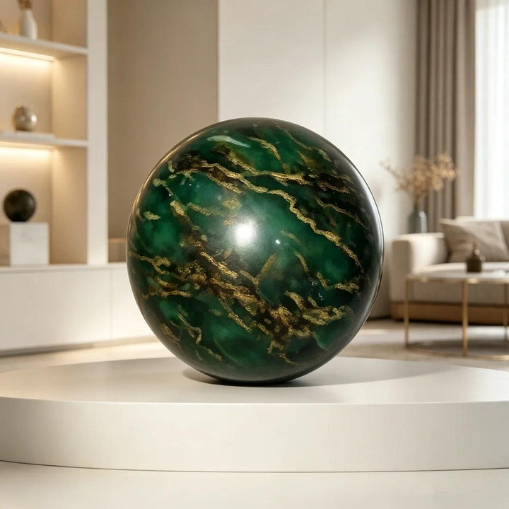 Polished 50-60mm African Verdite sphere in deep green with natural gold veining for grounding and heart chakra healing.