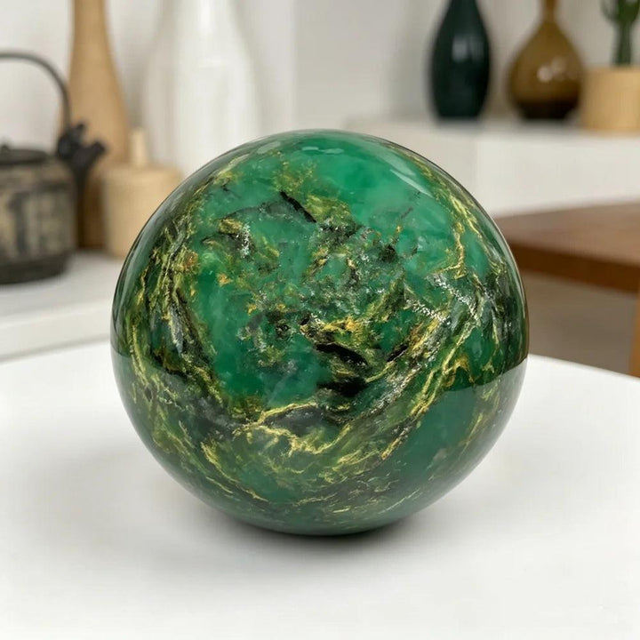 Polished 50-60mm African Verdite sphere in deep green with natural gold veining for grounding and heart chakra healing.