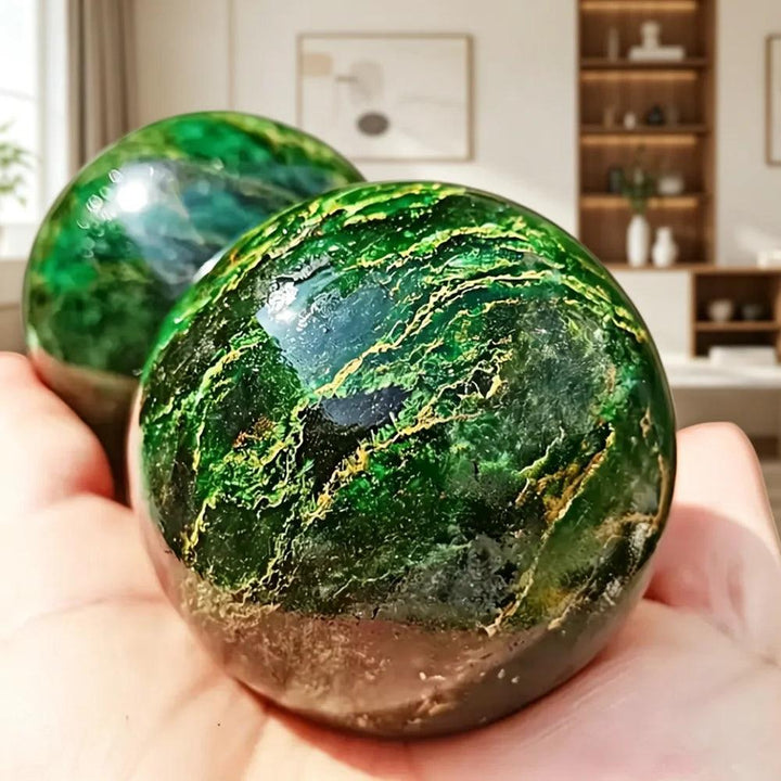 Polished African Verdite sphere with deep green hues and grounding energy, held in hand for heart chakra meditation.
