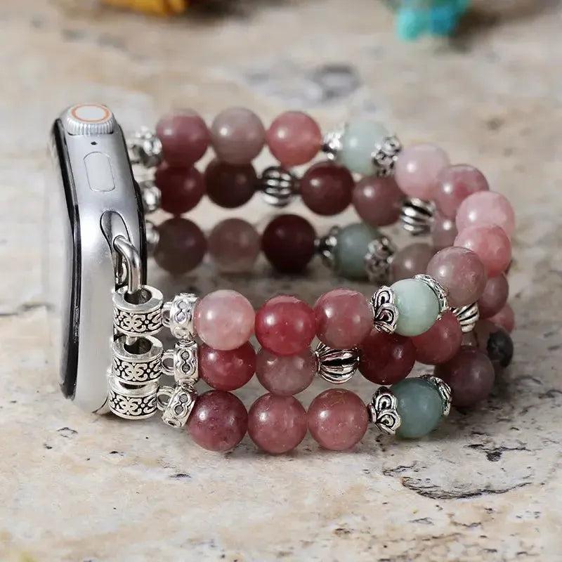 Handcrafted Agate Beaded Apple Watch band with multi-toned pink, red, and light green polished beads and silver accents.