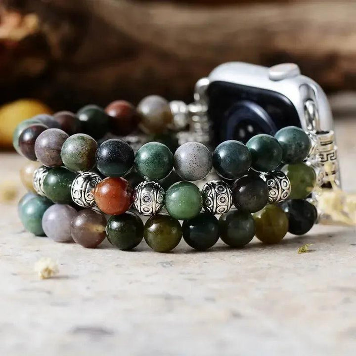 Agate beaded Apple Watch band with earthy tones, silver accents, and polished round beads for grounding energy.