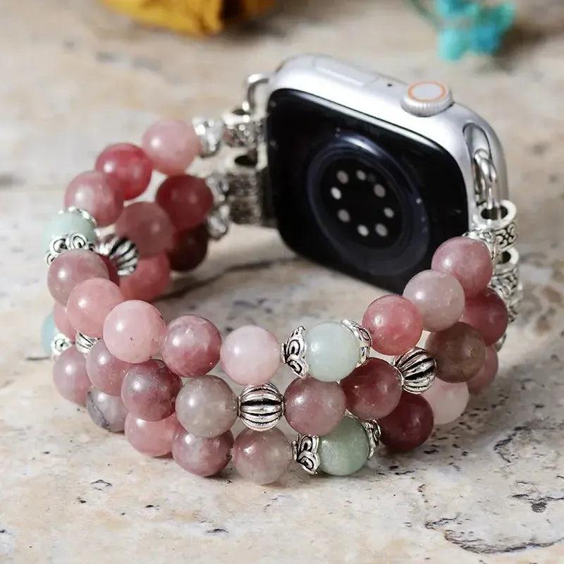 Crystal Destiny Agate Beaded Apple Watch band with pink, red, and light green stones, silver accents.