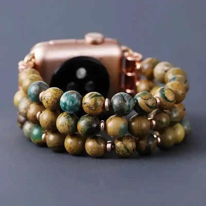 Agate Beaded Apple Watch Band with unique brown & blue natural crystal stone beads for grounding and stability.