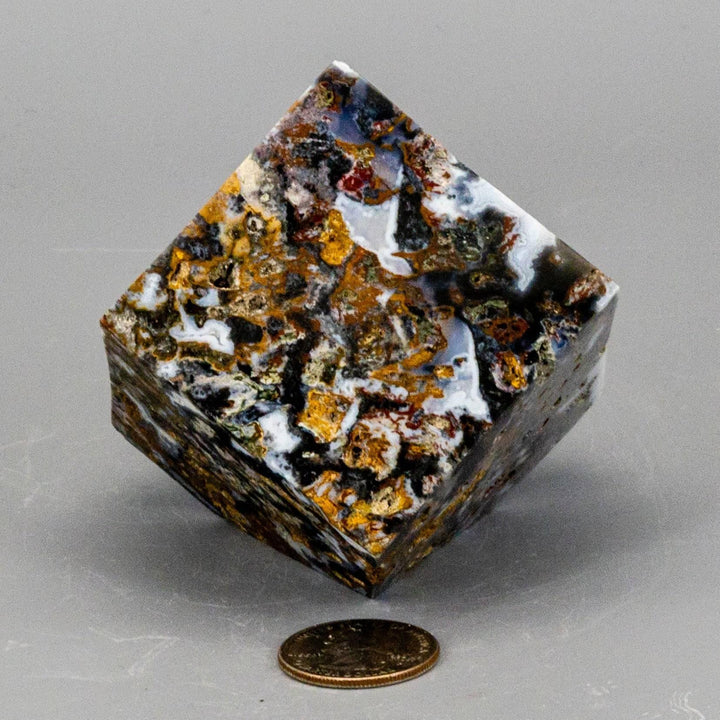 Agate Cube w/t cut Corner 416g: Polished banded agate cube with earthy tones, white, and gold, showcasing unique layering.