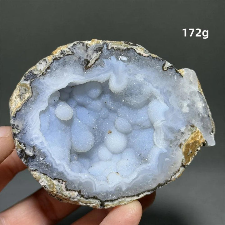 Natural blue Agate crystal cave egg geode with sparkling druzy interior, grounding and healing.