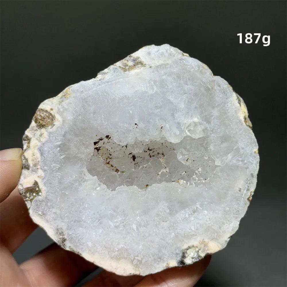 Natural Agate crystal cave egg geode with sparkling white druzy interior, grounding and healing.