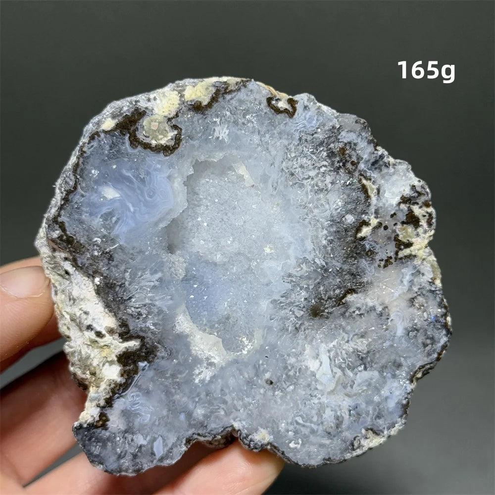 Natural Agate geode slice with sparkling light blue druzy crystals, grounding and calming.