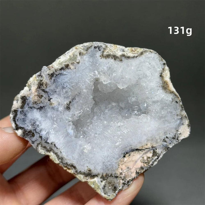 Natural Agate geode slice with sparkling white druzy crystals, grounding and calming.