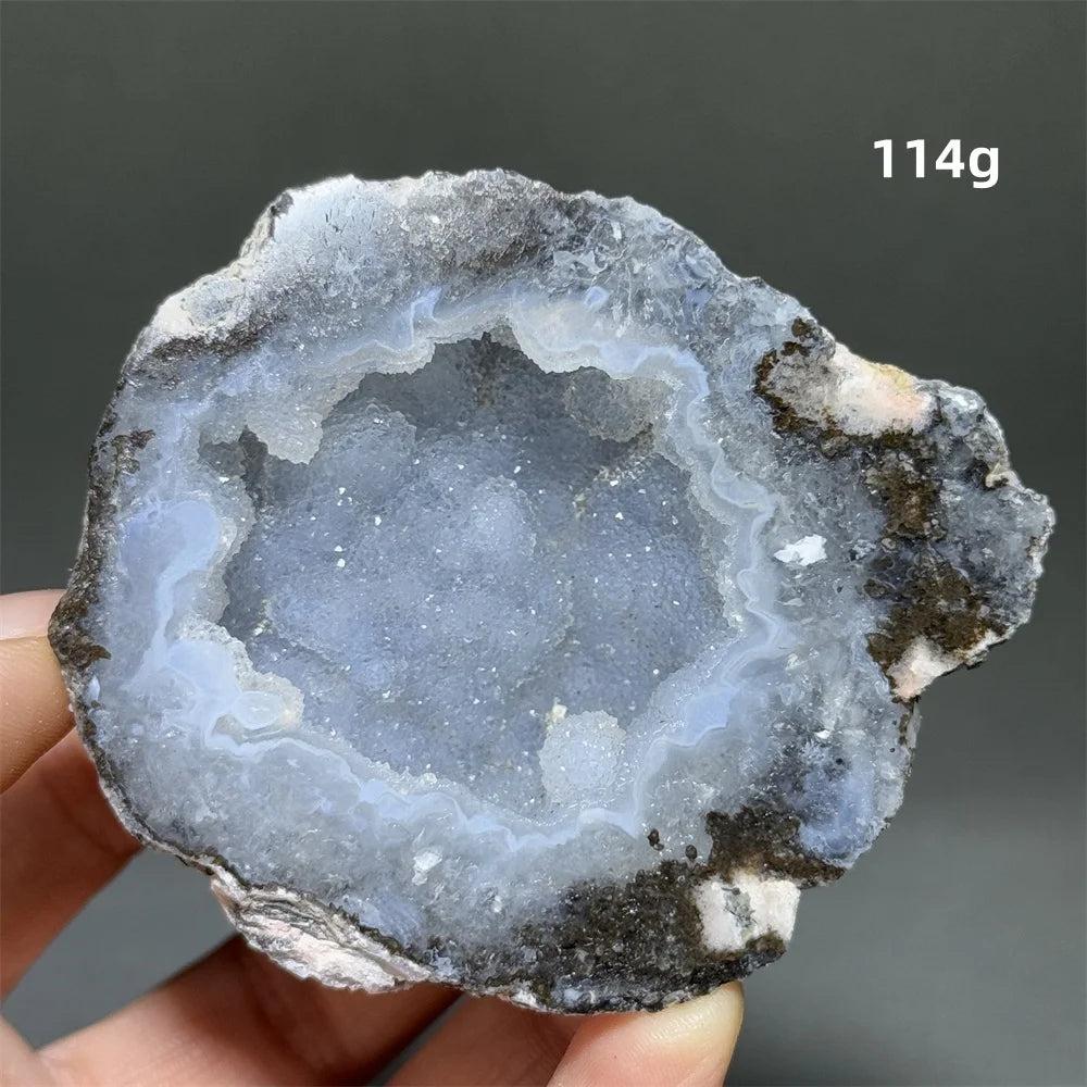 Natural blue Agate geode slice with sparkling druzy crystals, 114g, for grounding and spiritual connection.