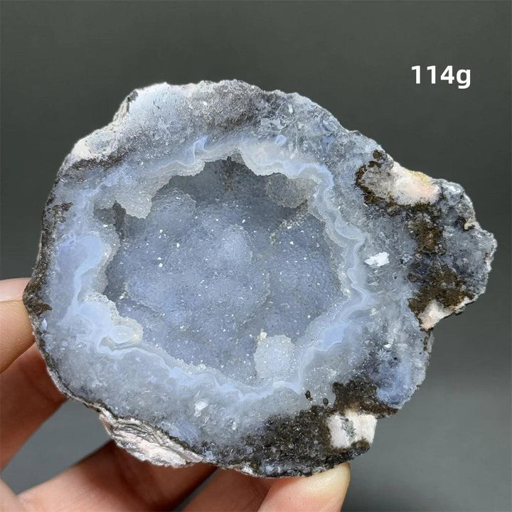 Natural blue Agate geode slice with sparkling druzy crystals, 114g, for grounding and spiritual connection.