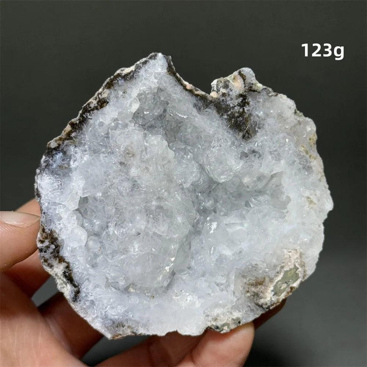 Natural Agate geode slice with sparkling white druzy crystals, grounding and healing.