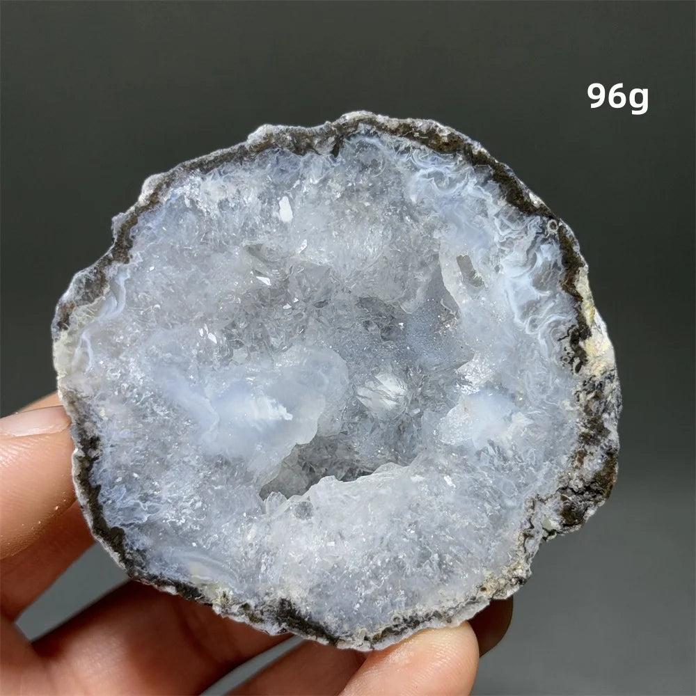 Natural Agate geode slice with sparkling white druzy crystals, grounding and healing.
