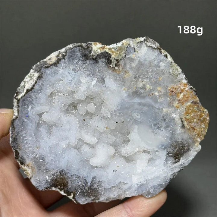 Natural Agate geode slice with sparkling white druzy crystals, grounding and healing.