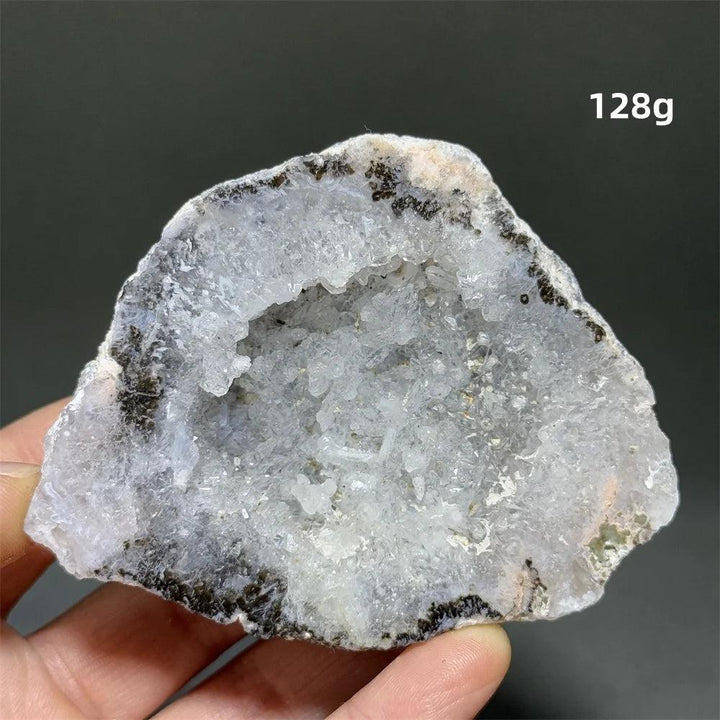 Natural Agate geode slice with sparkling white druzy crystals, grounding and healing.
