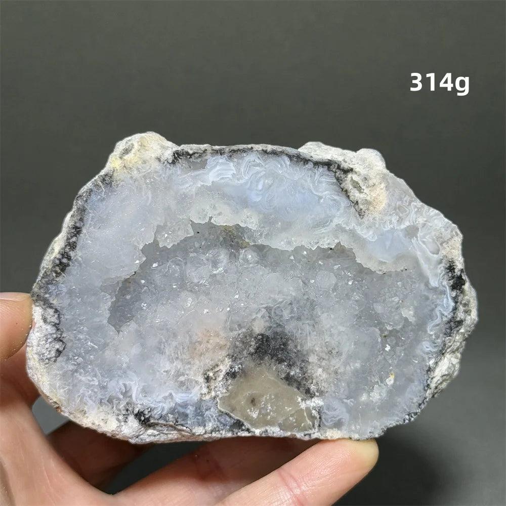 Natural Agate geode slice with sparkling white druzy crystals, grounding and calming.