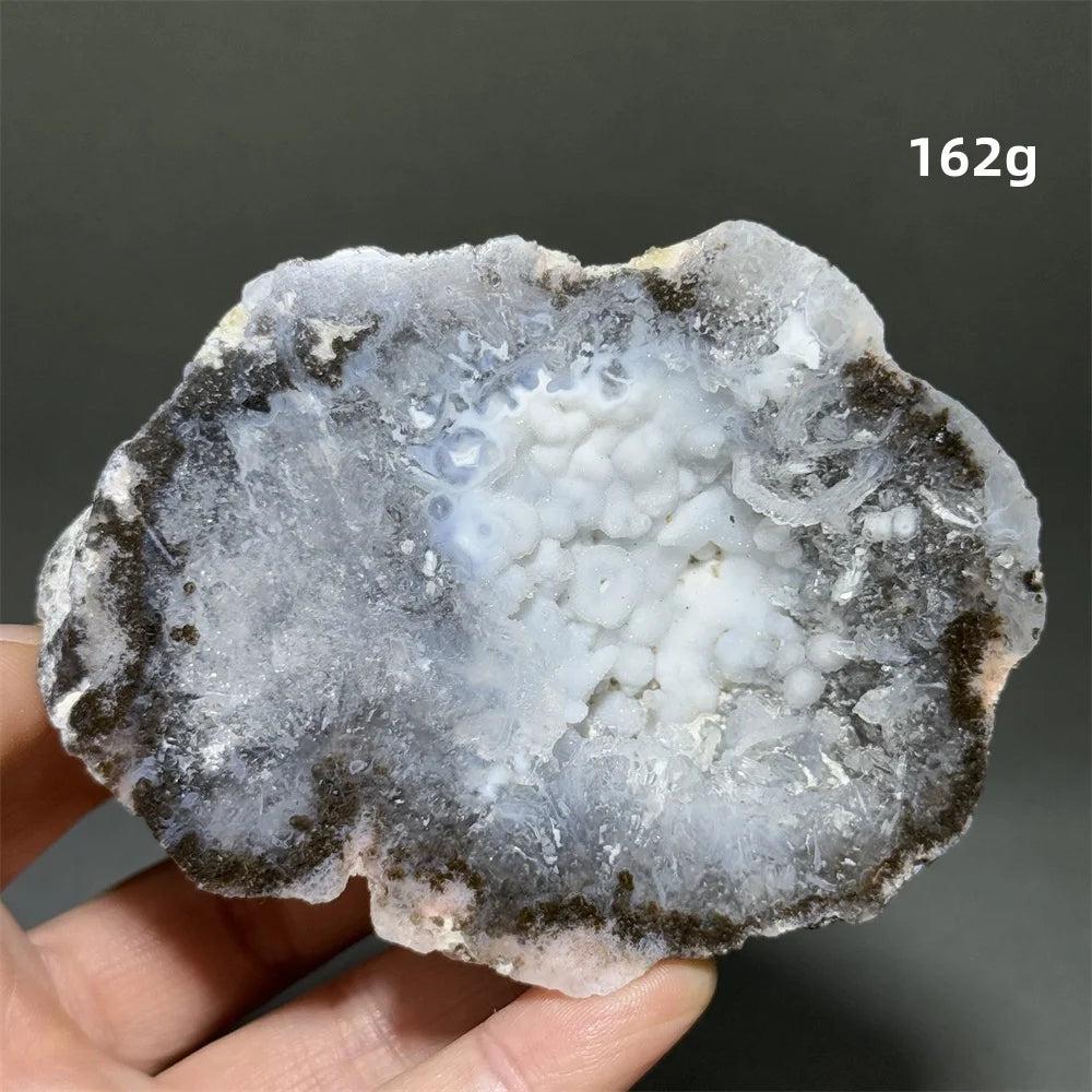 Natural Agate geode slice with sparkling white druzy crystals, dark banded edge, 162g. Grounding & healing.