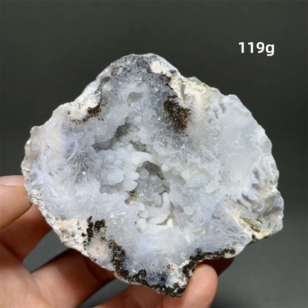 Natural Agate crystal cave geode with sparkling white druzy interior, grounding and healing.