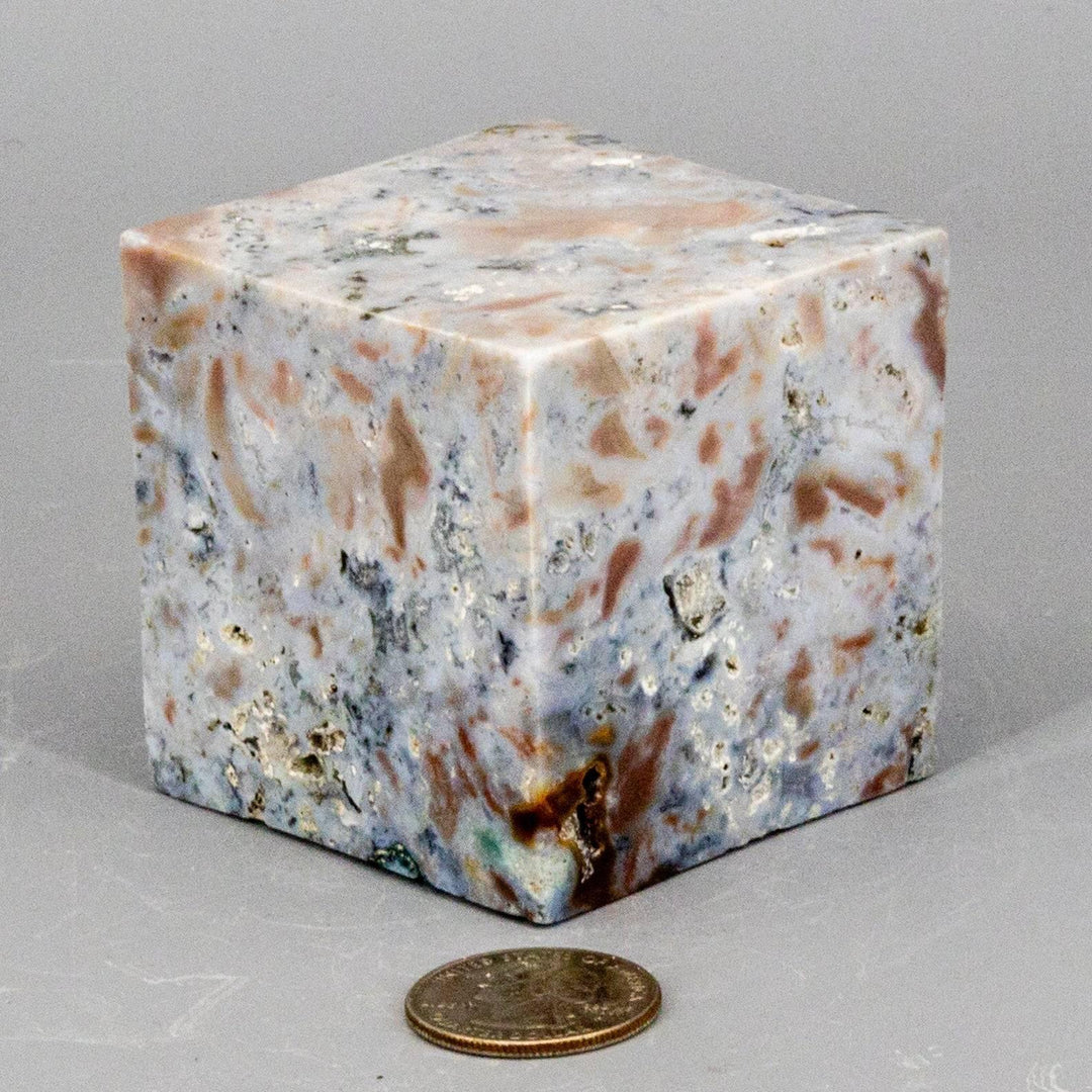 Substantial Agate Cube with Cut Corner, 464g, showcasing natural banded patterning in earthy tones for grounding and balance.