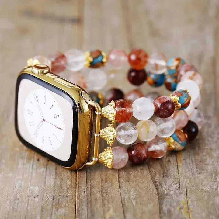 Agate Multicolor Apple iWatch Band with natural banded earth-toned beads, gold connectors, and elastic construction.