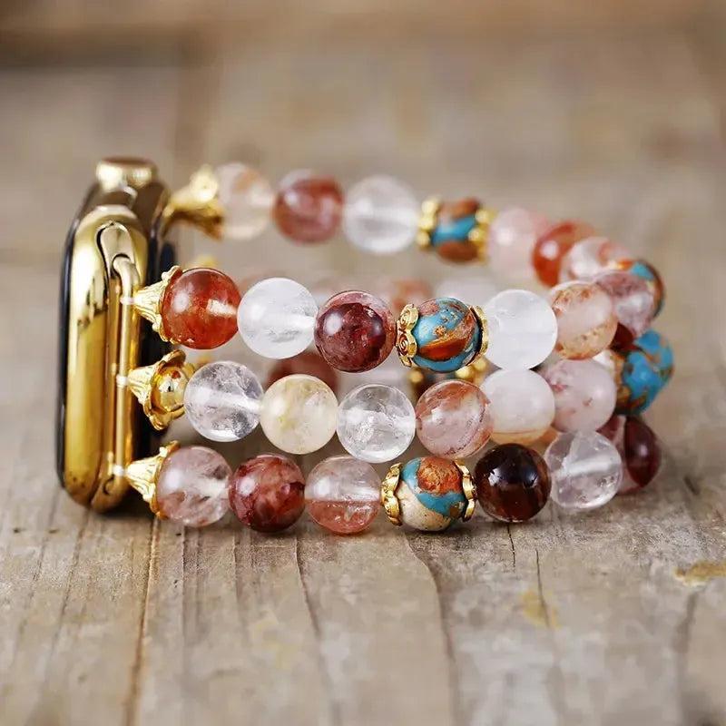Agate Multicolor Apple iWatch Band with natural banded earth-toned gemstones, gold connectors, and grounding energy.