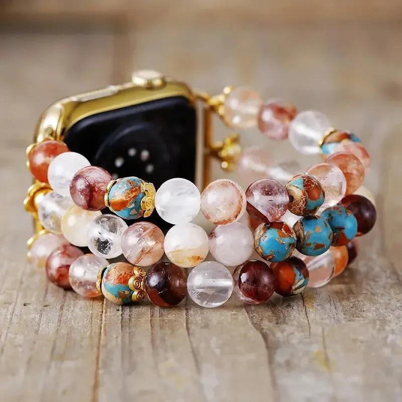 Agate Multicolor Apple iWatch Band with natural banded earth-toned gemstones, stainless steel, and grounding energy.