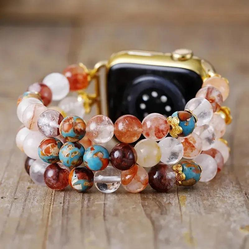 Agate Multicolor Apple iWatch Band with natural banded earth-toned gemstones, stainless steel, and gold accents for balance.