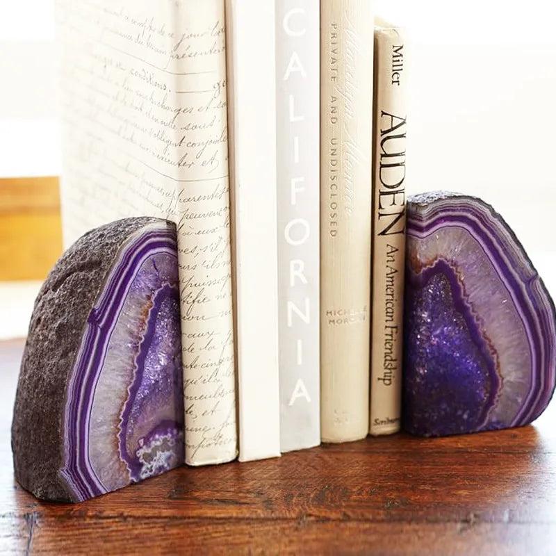 Polished purple agate crystal bookends with natural banding, grounding books with earthy beauty and abstract style.