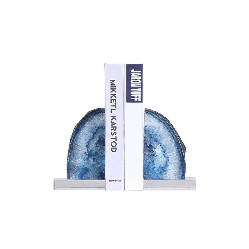 Polished blue agate crystal bookends with layered banding, grounding and stabilizing your cherished books.