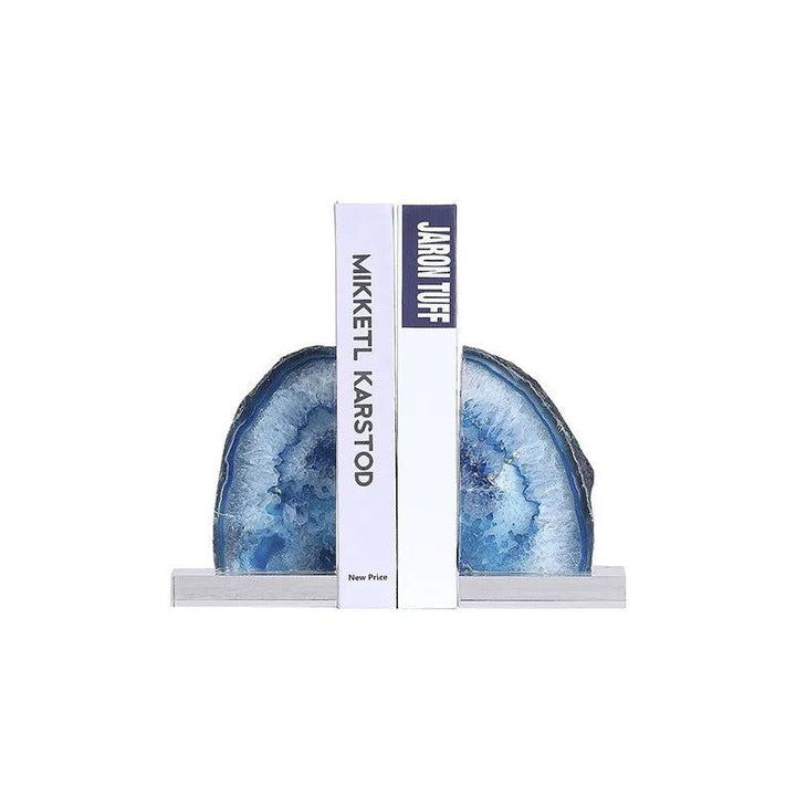 Polished blue agate crystal bookends with layered banding, grounding and stabilizing your cherished books.