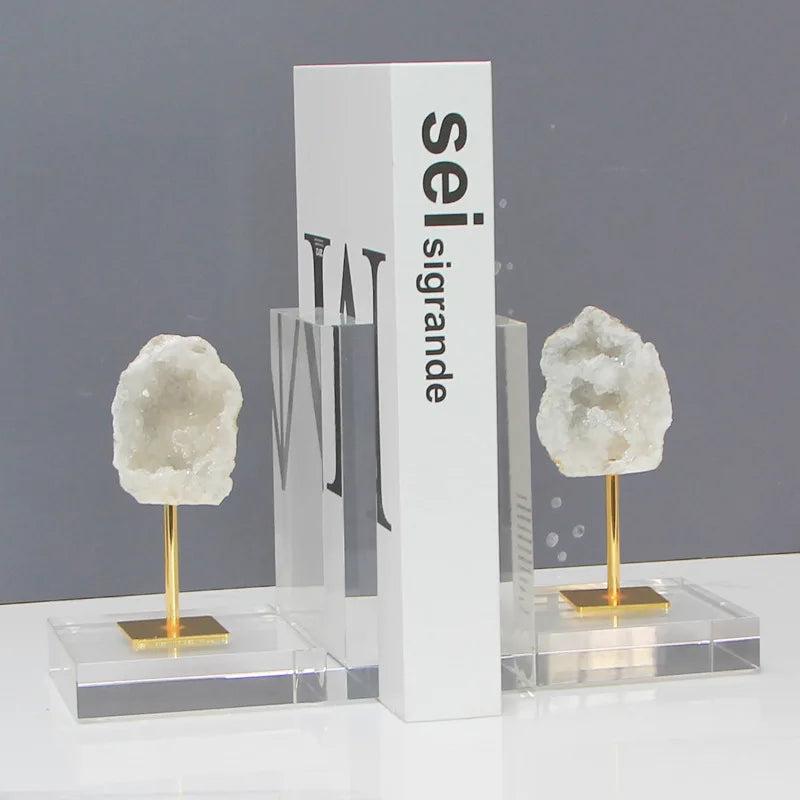 Agate Crystal Polished Abstract Natural Stone Bookends with white druzy crystal on gold stands.