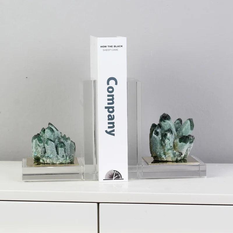 Agate Crystal Polished Abstract Natural Stone Bookends: Green agate crystal clusters on clear acrylic bases.