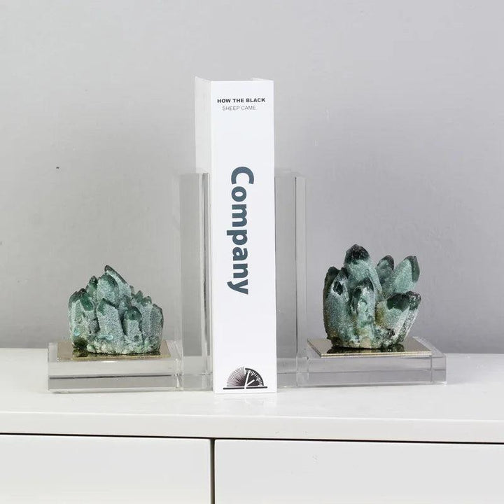 Agate Crystal Polished Abstract Natural Stone Bookends: Green agate crystal clusters on clear acrylic bases.
