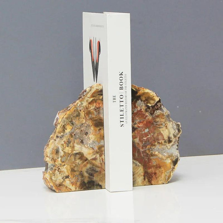 Polished natural agate crystal bookends in abstract, irregular shapes, grounding and stabilizing your cherished books.