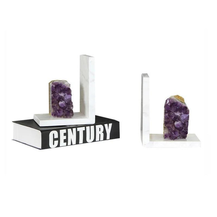 Agate Crystal Polished Abstract Natural Stone Bookends. Purple agate crystal bookends with white marble bases.