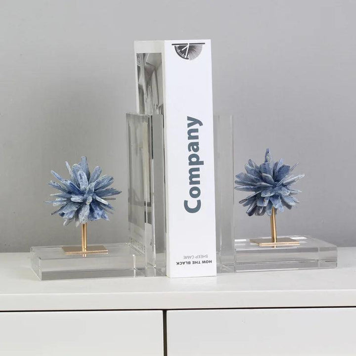 Clear acrylic bookends with blue kyanite crystal flowers, grounding and stabilizing your cherished books.