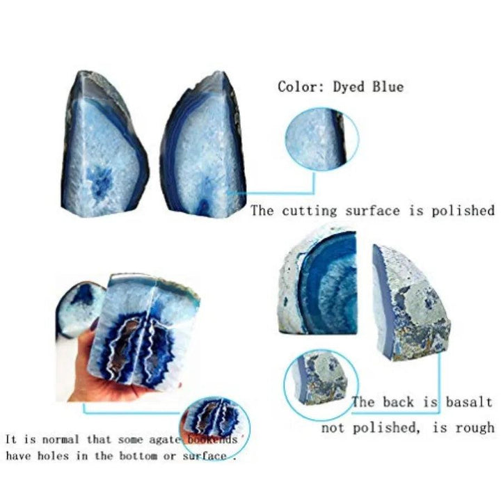 Polished blue agate geode slice bookends with layered banding, basalt back, and rubber base for grounding and stability.