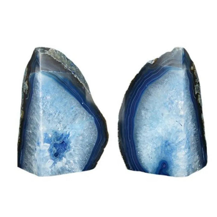 Stunning blue agate crystal geode slice bookends with polished banding, perfect for grounding and stability.