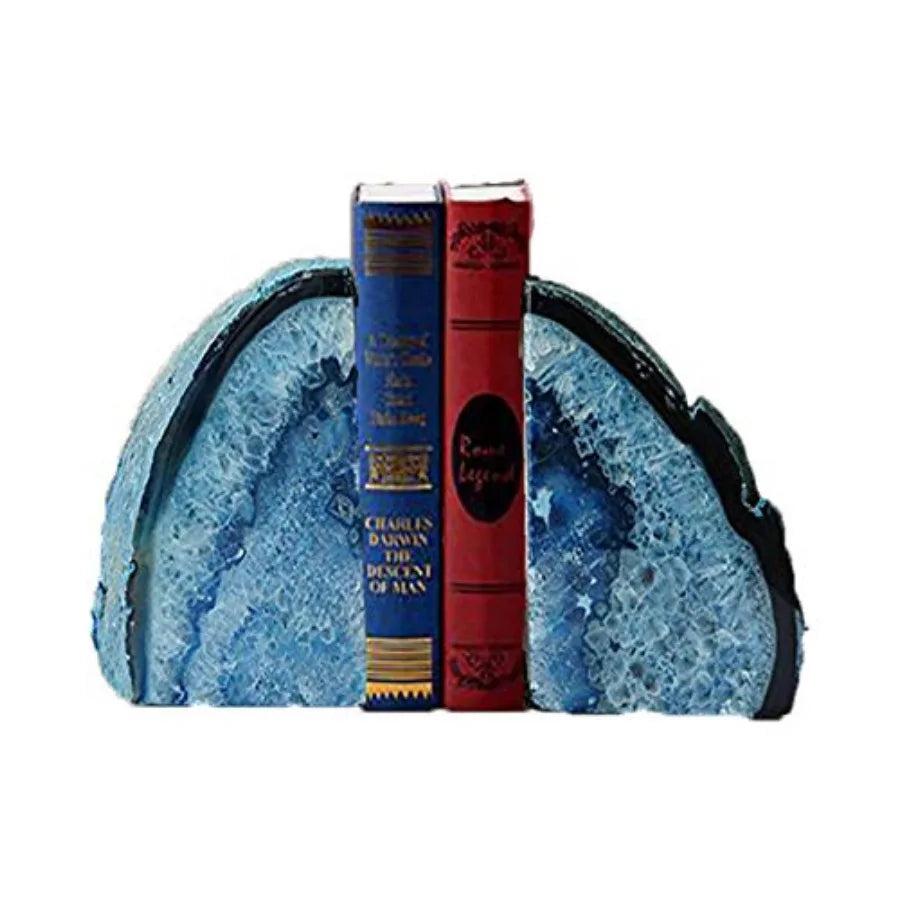 Stunning blue agate crystal geode slice bookends, polished to reveal layered banding, with a non-slip rubber base.