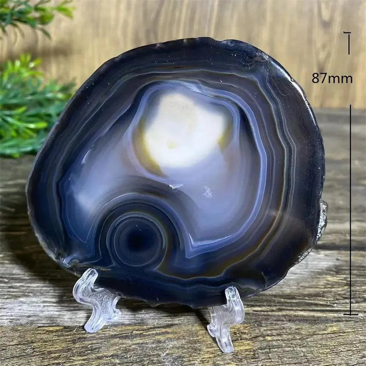 Stunning Agate Slice with Stand: dark blue, amber, and cream banded agate for grounding energy and balance.