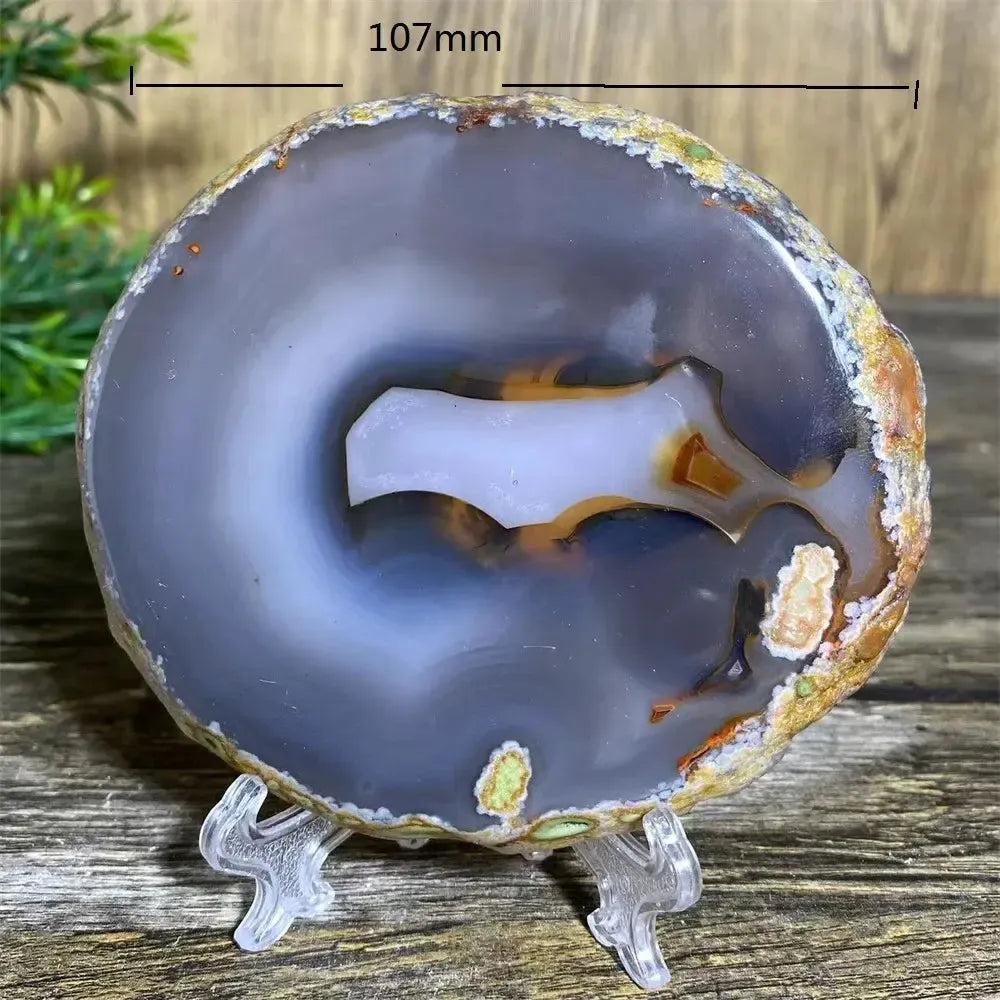 Stunning 107mm Agate Slice with Stand, showcasing grounding gray, amber, and cream bands for balance and clarity.